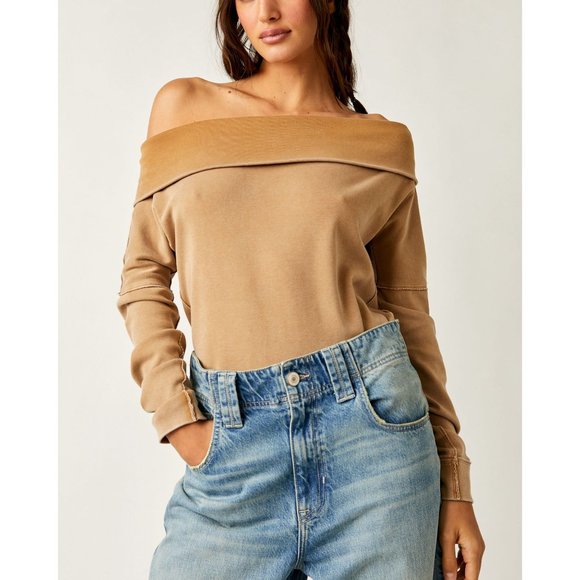 Free People Tan Off-Shoulder Long Sleeve Top - Picture 2 of 12